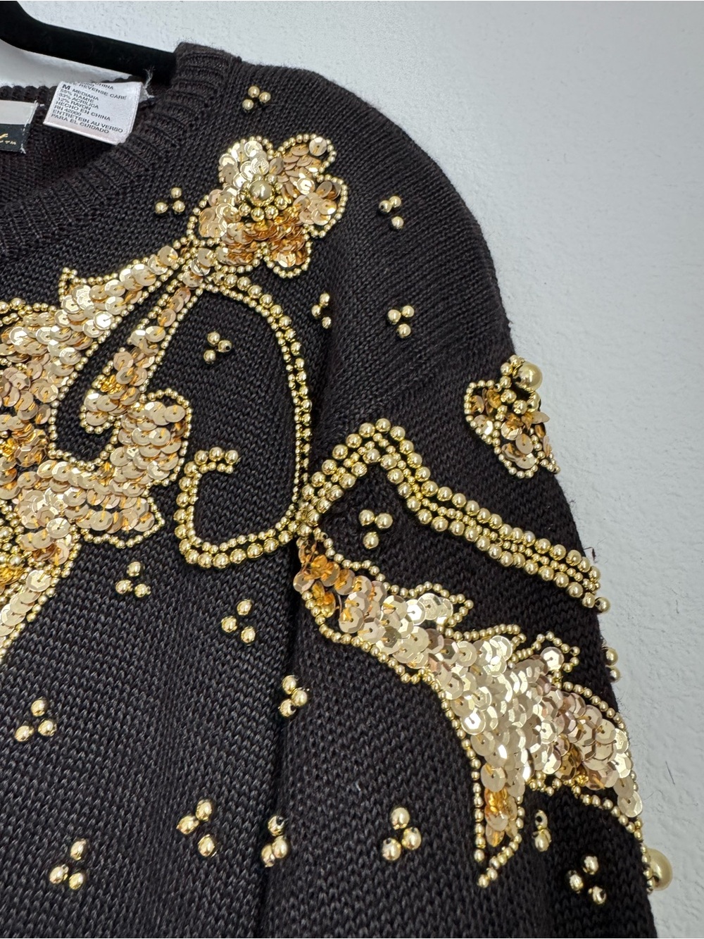 Diane Freis Black Sweater with Gold Sequin Floral Embellishment - Picture 6 of 9